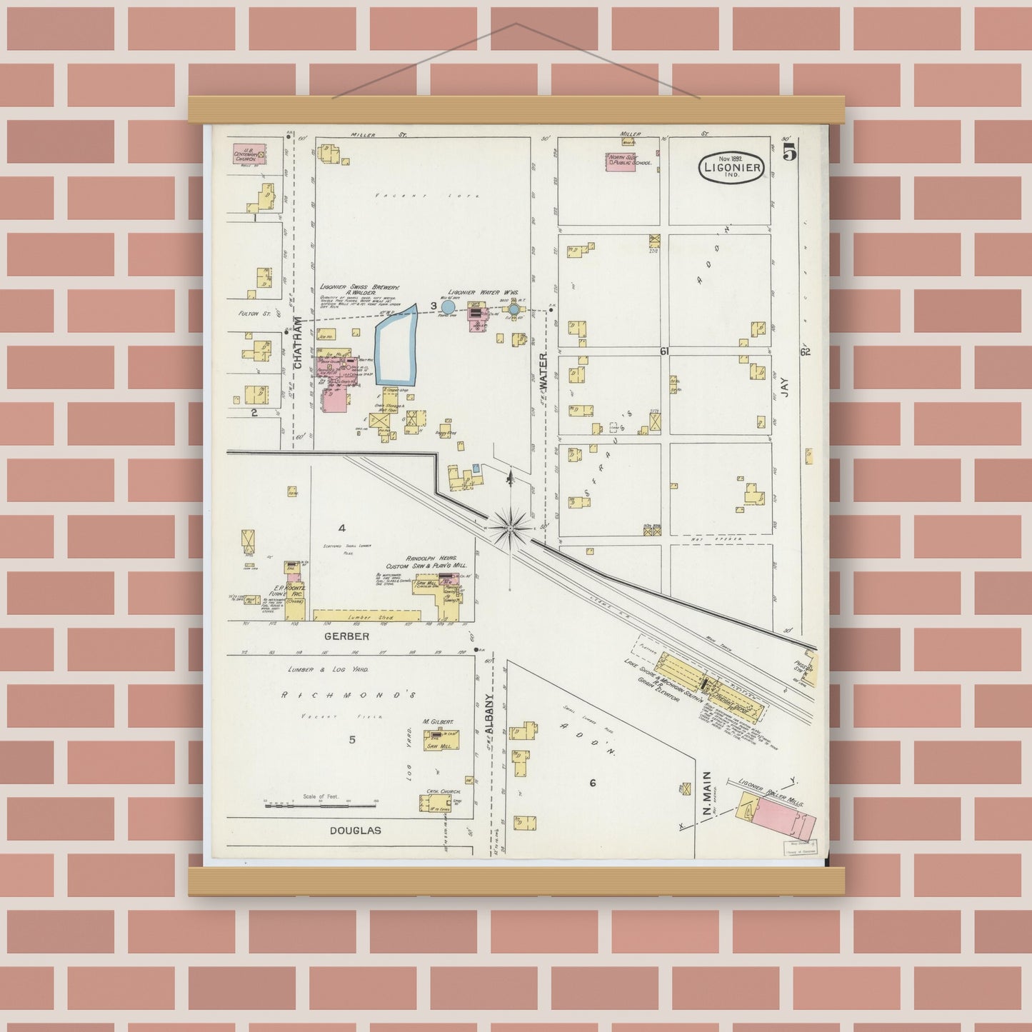 Old map wall art mockup — magnetic wood frame on brick wall — Sanborn Fire Insurance Map from Ligonier, Noble County, Indiana (1892), Sheet #0005
