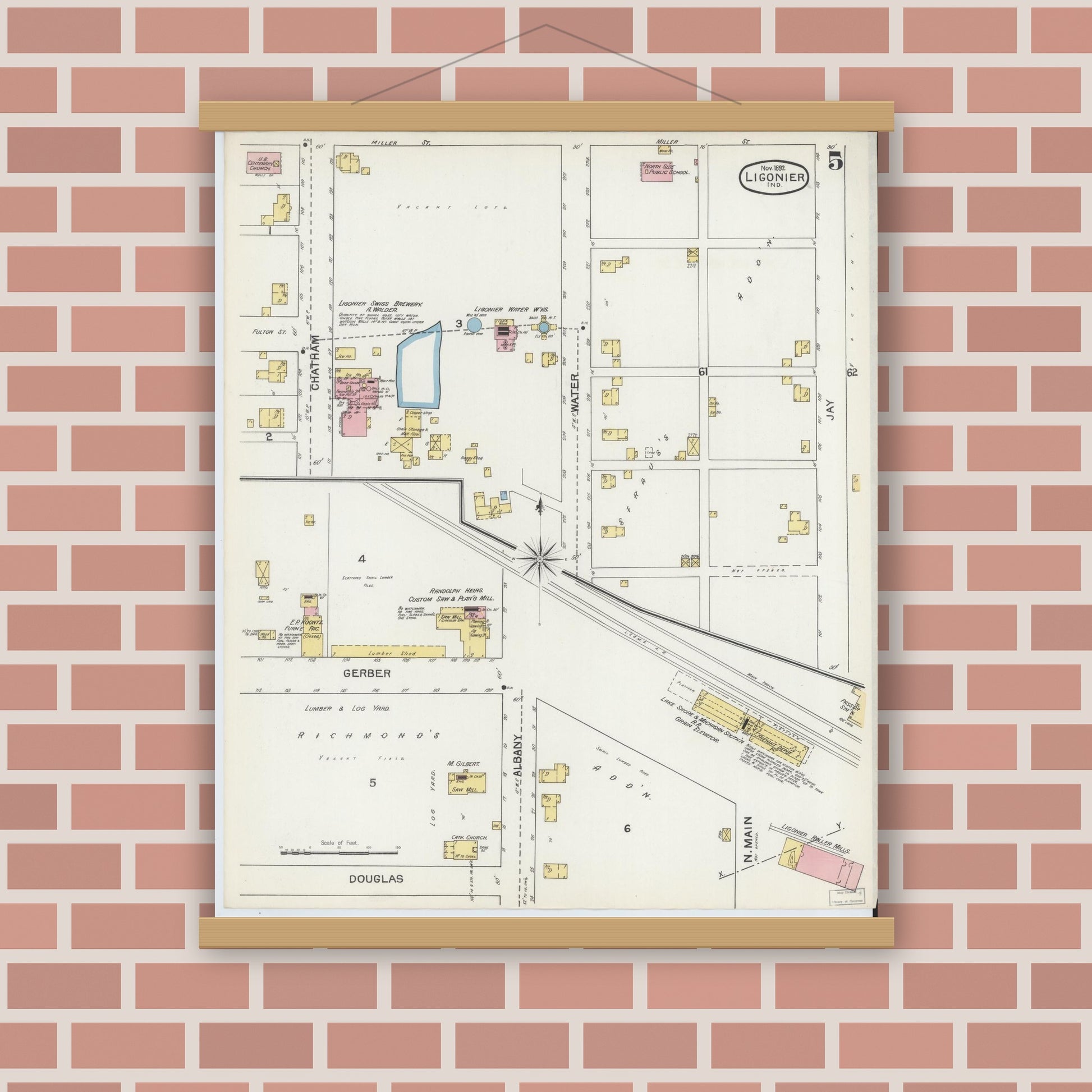 Old map wall art mockup — magnetic wood frame on brick wall — Sanborn Fire Insurance Map from Ligonier, Noble County, Indiana (1892), Sheet #0005