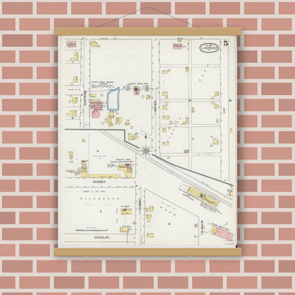 Old map wall art mockup — magnetic wood frame on brick wall — Sanborn Fire Insurance Map from Ligonier, Noble County, Indiana (1892), Sheet #0005