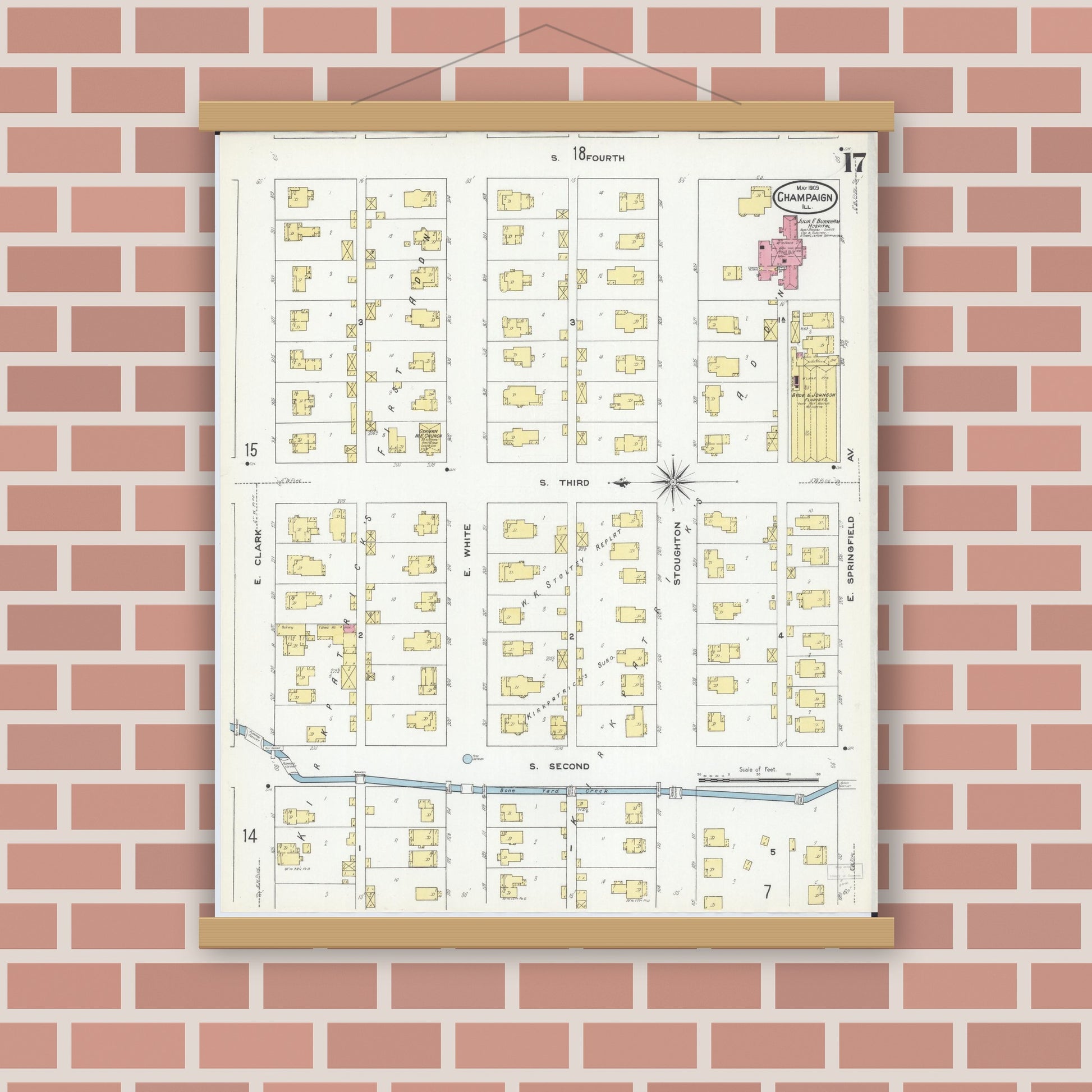 Old map wall art mockup — magnetic wood frame on brick wall — Sanborn Fire Insurance Map from Champaign, Champaign County, Illinois (1909), Sheet #0017
