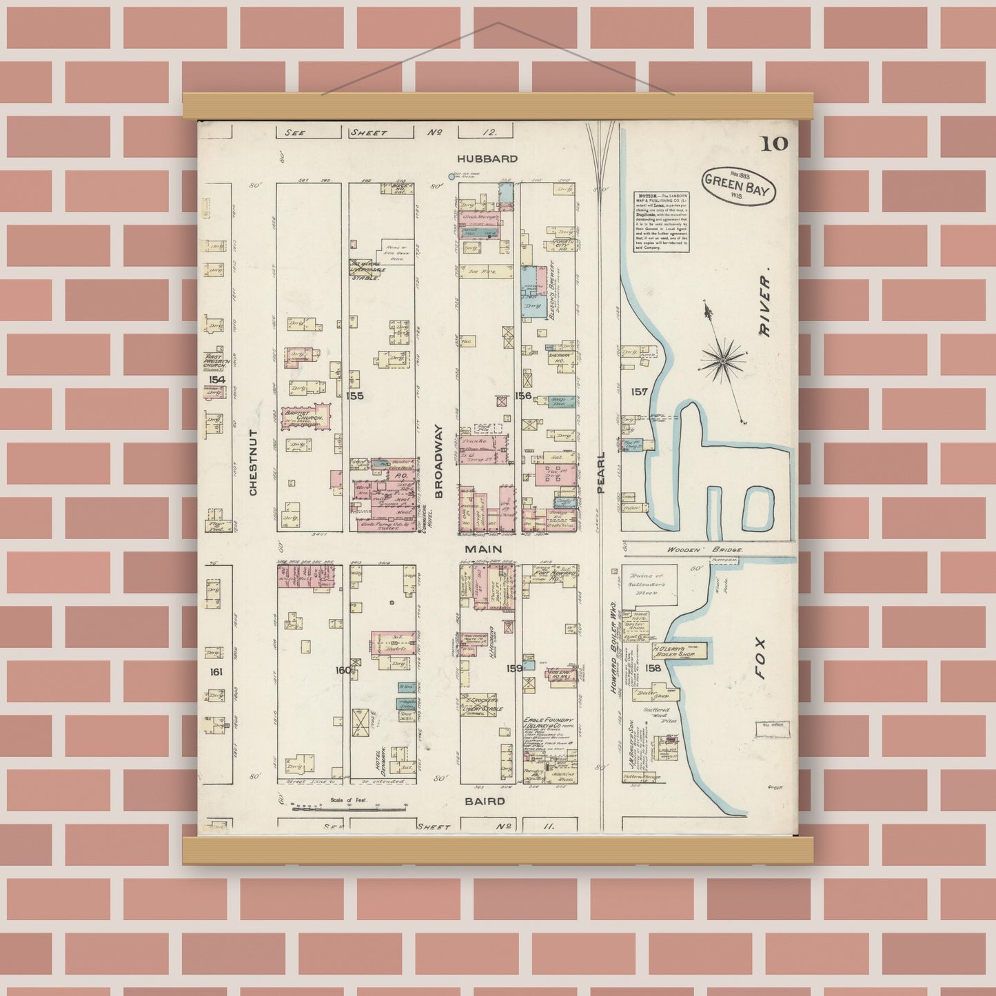 Old map wall art mockup — magnetic wood frame on brick wall — Sanborn Fire Insurance Map from Green Bay, Brown County, Wisconsin (1883), Sheet #0010