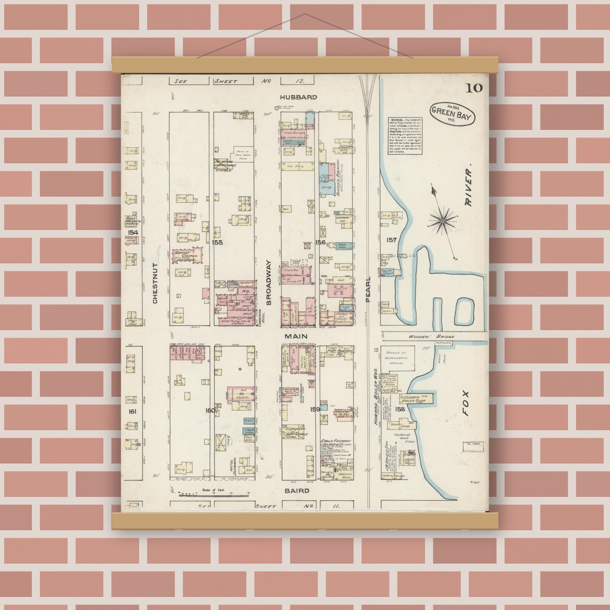 Old map wall art mockup — magnetic wood frame on brick wall — Sanborn Fire Insurance Map from Green Bay, Brown County, Wisconsin (1883), Sheet #0010