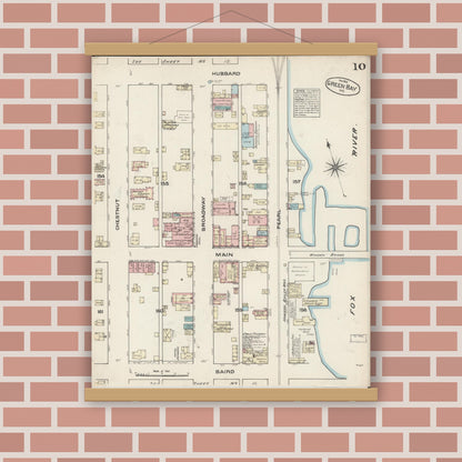 Old map wall art mockup — magnetic wood frame on brick wall — Sanborn Fire Insurance Map from Green Bay, Brown County, Wisconsin (1883), Sheet #0010