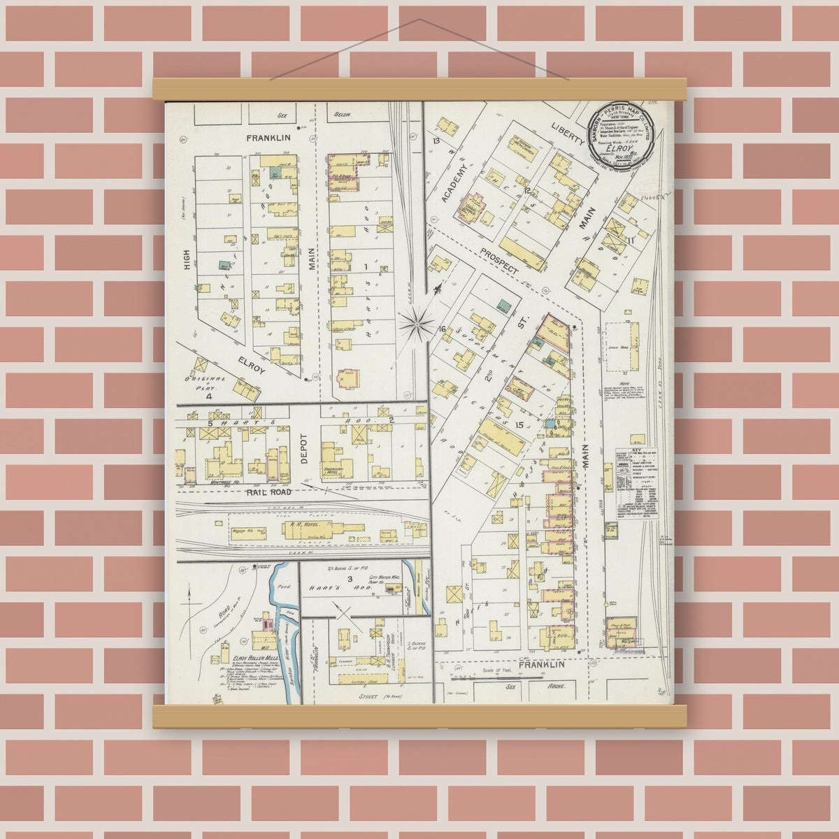 Old map wall art mockup — magnetic wood frame on brick wall — Sanborn Fire Insurance Map from Elroy, Juneau County, Wisconsin (1892), Sheet #0001