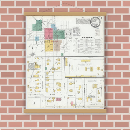 Old map wall art mockup — magnetic wood frame on brick wall — Sanborn Fire Insurance Map from Rushville, Schuyler County, Illinois (1900) - Complete Map Set