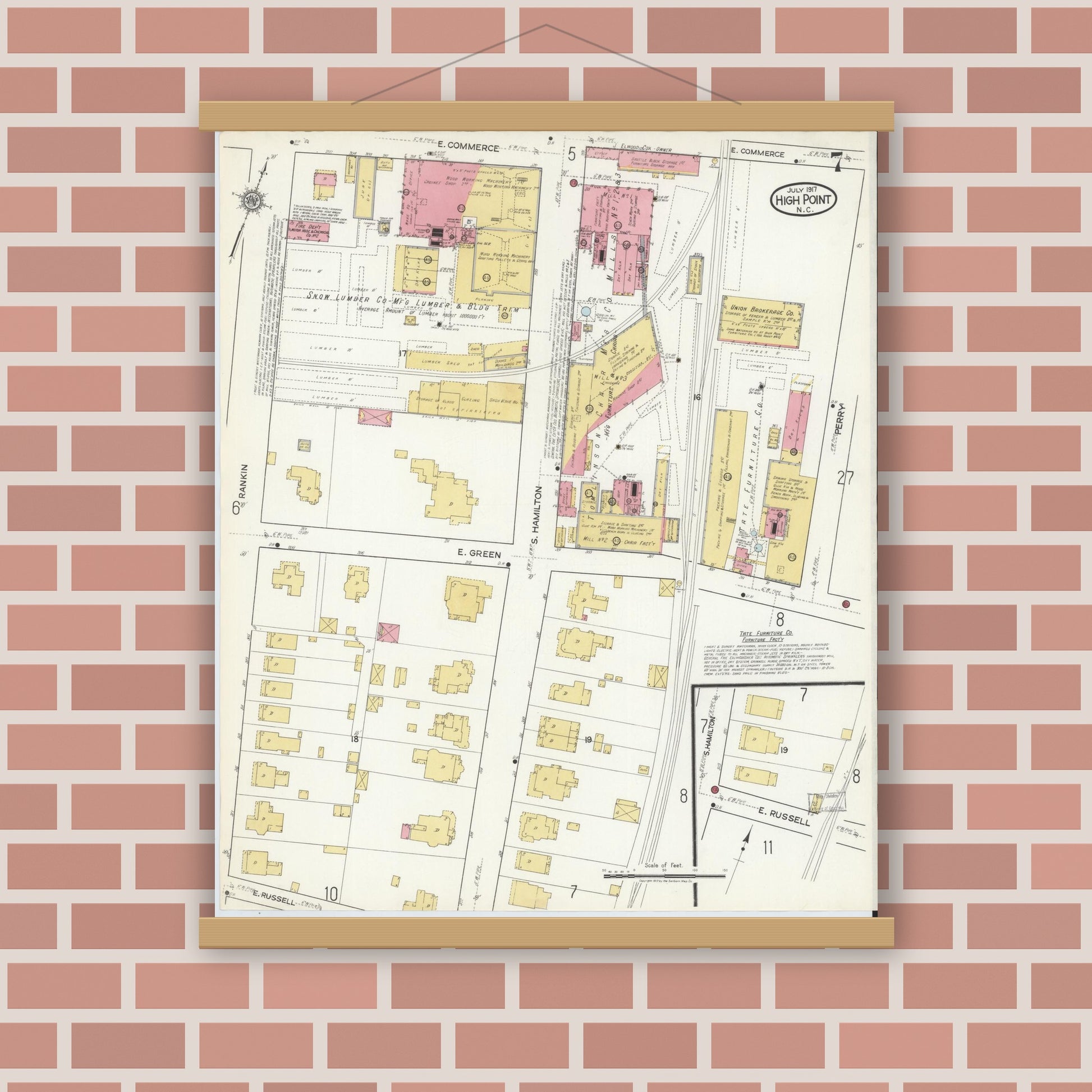 Old map wall art mockup — magnetic wood frame on brick wall — Sanborn Fire Insurance Map from High Point, Guilford County, North Carolina (1917), Sheet #0007