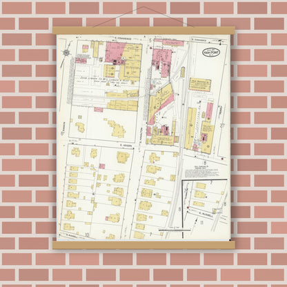 Old map wall art mockup — magnetic wood frame on brick wall — Sanborn Fire Insurance Map from High Point, Guilford County, North Carolina (1917), Sheet #0007