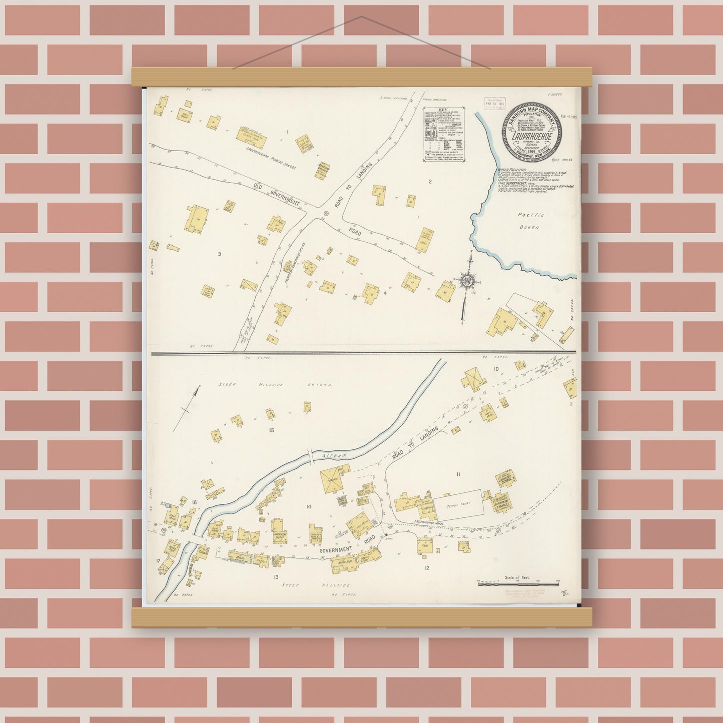 Old map wall art mockup — magnetic wood frame on brick wall — Sanborn Fire Insurance Map from Laupahoehoe, Hawaii County, Hawaii (1914), Sheet #0001