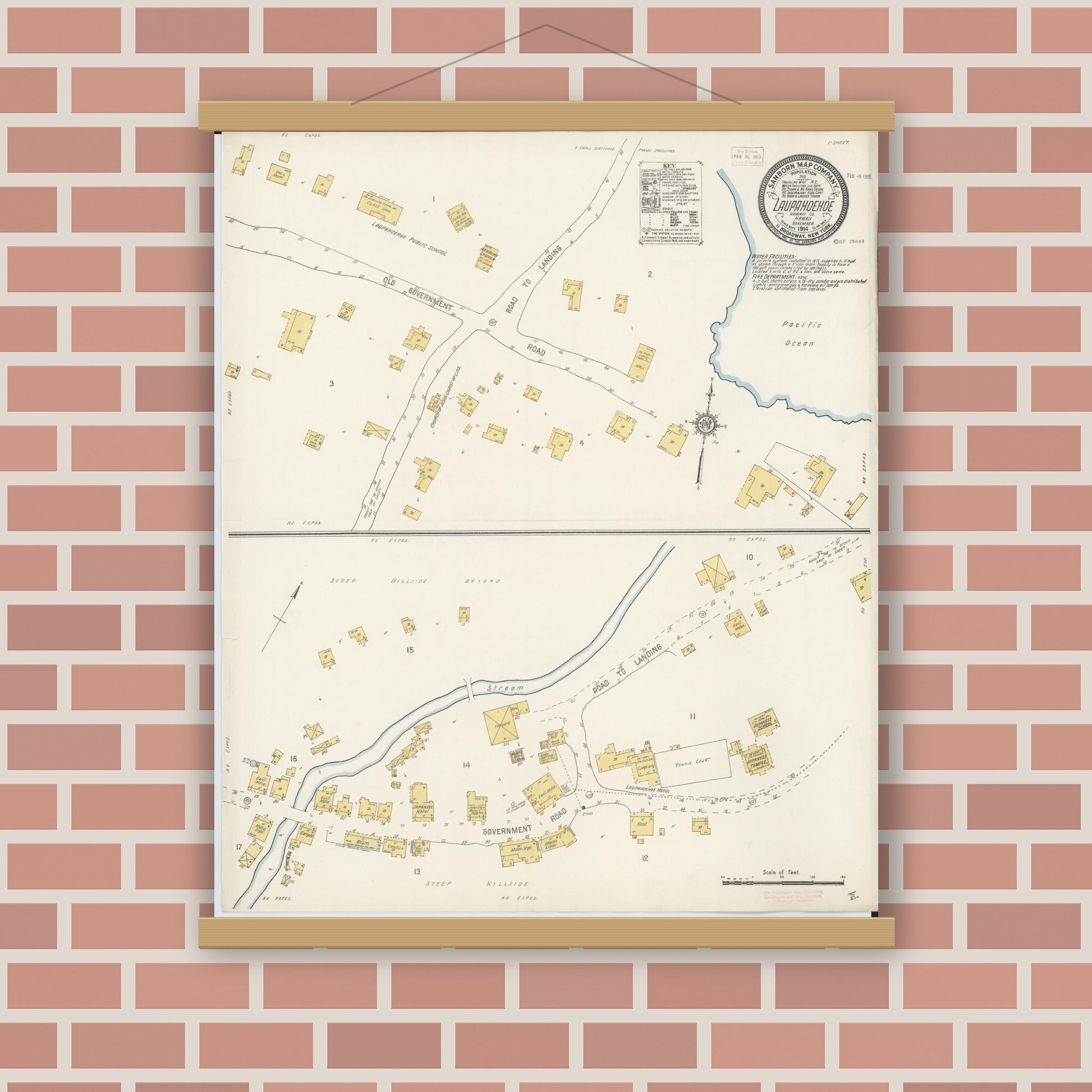 Old map wall art mockup — magnetic wood frame on brick wall — Sanborn Fire Insurance Map from Laupahoehoe, Hawaii County, Hawaii (1914), Sheet #0001
