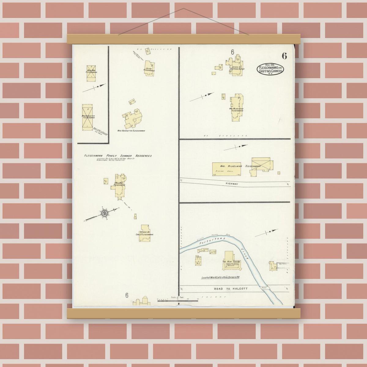 Old map wall art mockup — magnetic wood frame on brick wall — Sanborn Fire Insurance Map from Fleischmanns, Delaware County, New York (1912), Sheet #0006