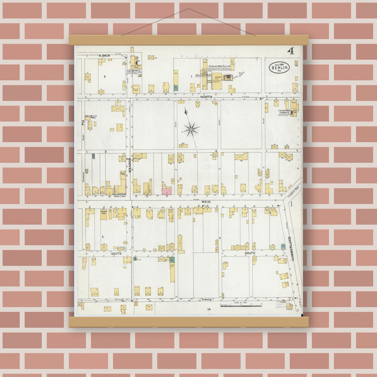Old map wall art mockup — magnetic wood frame on brick wall — Sanborn Fire Insurance Map from Berlin, Somerset County, Pennsylvania (1905), Sheet #0004