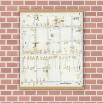 Old map wall art mockup — magnetic wood frame on brick wall — Sanborn Fire Insurance Map from Berlin, Somerset County, Pennsylvania (1905), Sheet #0004