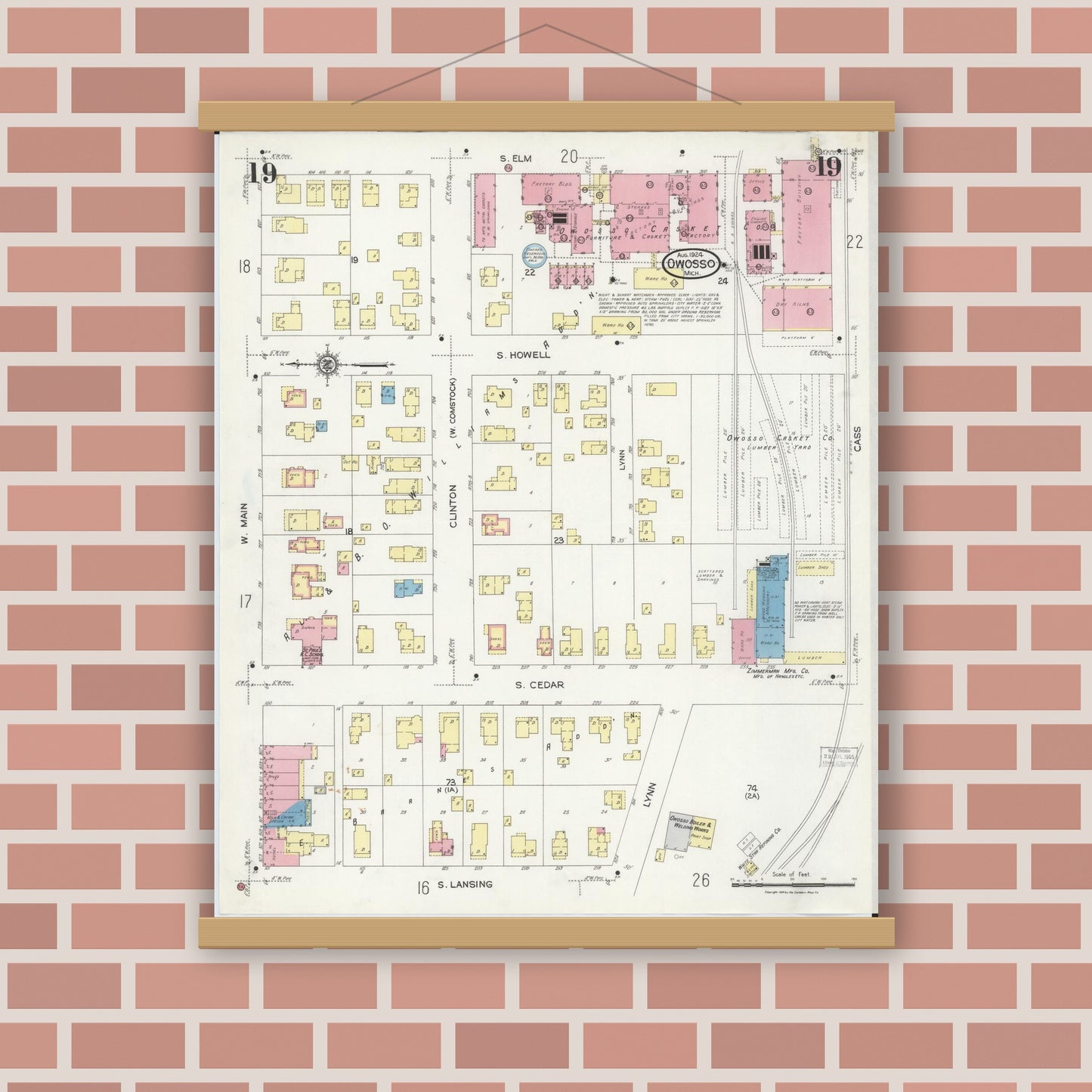 Old map wall art mockup — magnetic wood frame on brick wall — Sanborn Fire Insurance Map from Owosso, Shiawassee County, Michigan (1924), Sheet #0019