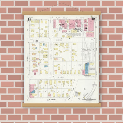 Old map wall art mockup — magnetic wood frame on brick wall — Sanborn Fire Insurance Map from Owosso, Shiawassee County, Michigan (1924), Sheet #0019