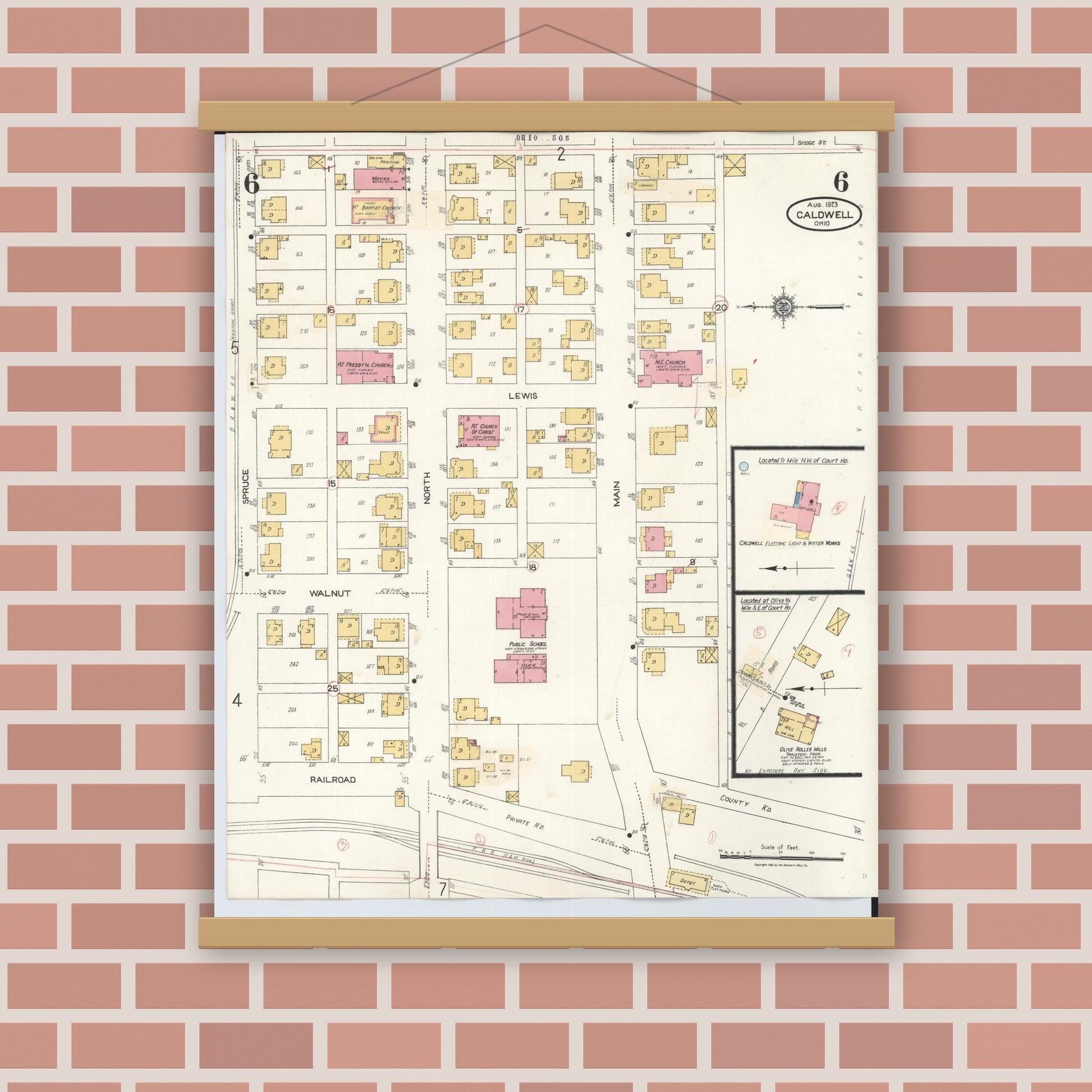 Old map wall art mockup — magnetic wood frame on brick wall — Sanborn Fire Insurance Map from Caldwell, Noble County, Ohio (1932), Sheet #0006