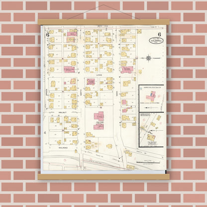 Old map wall art mockup — magnetic wood frame on brick wall — Sanborn Fire Insurance Map from Caldwell, Noble County, Ohio (1932), Sheet #0006