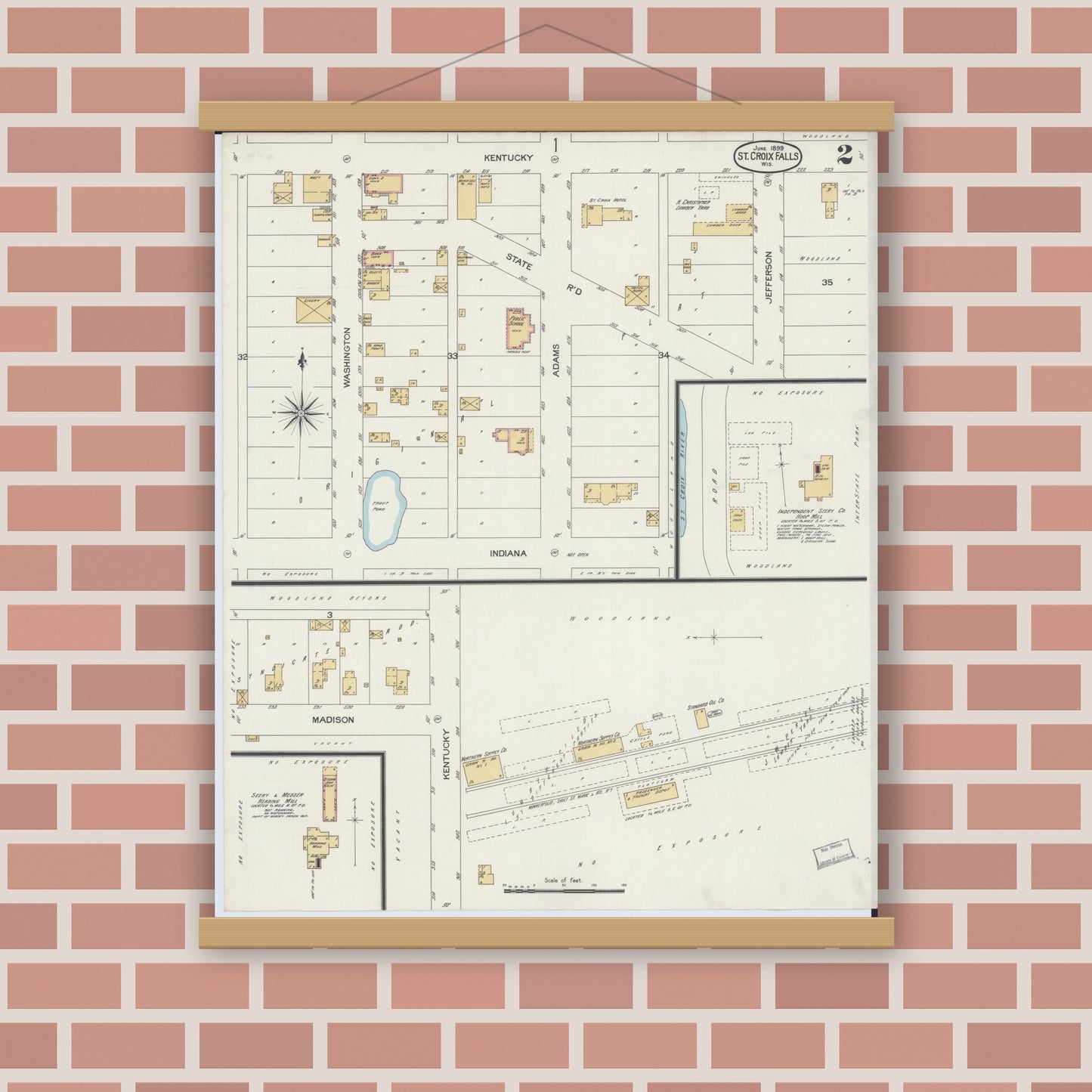Old map wall art mockup — magnetic wood frame on brick wall — Sanborn Fire Insurance Map from Saint Croix Falls, Polk County, Wisconsin (1899), Sheet #0002