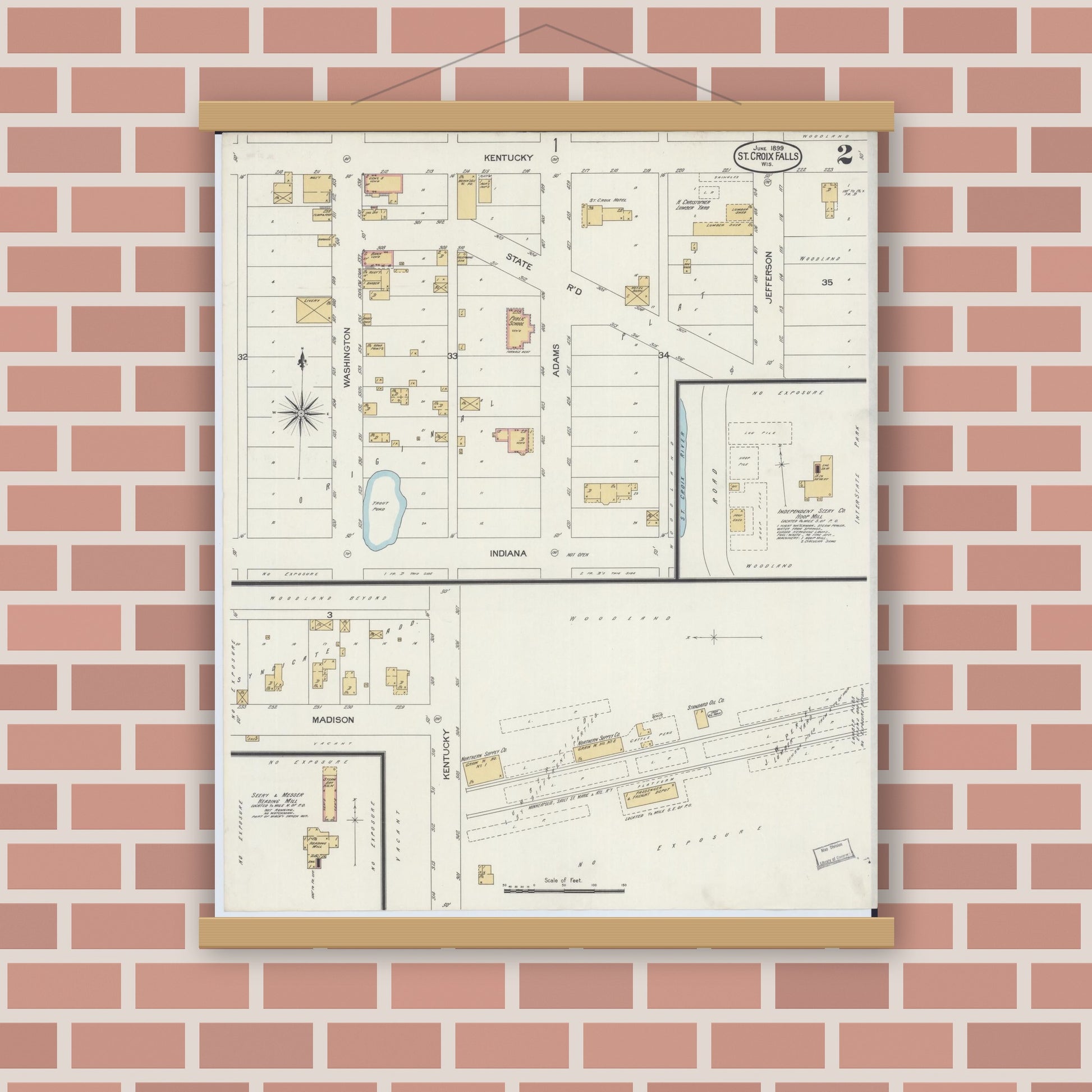 Old map wall art mockup — magnetic wood frame on brick wall — Sanborn Fire Insurance Map from Saint Croix Falls, Polk County, Wisconsin (1899), Sheet #0002