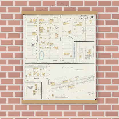 Old map wall art mockup — magnetic wood frame on brick wall — Sanborn Fire Insurance Map from Saint Croix Falls, Polk County, Wisconsin (1899), Sheet #0002