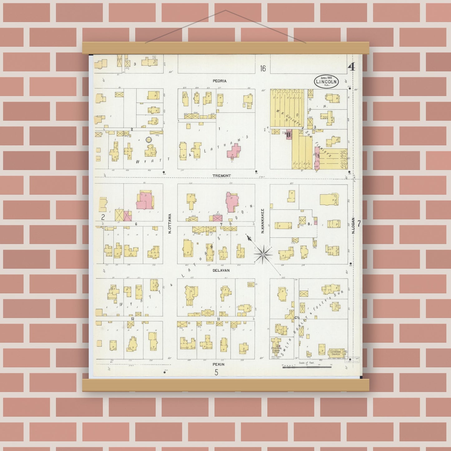 Old map wall art mockup — magnetic wood frame on brick wall — Sanborn Fire Insurance Map from Lincoln, Logan County, Illinois (1902), Sheet #0004
