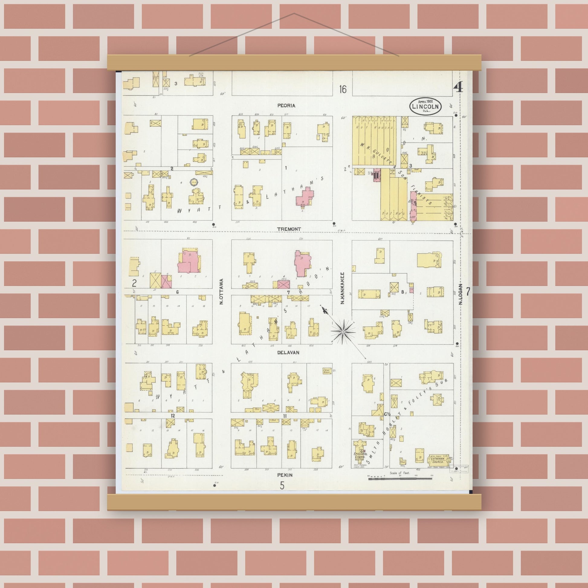 Old map wall art mockup — magnetic wood frame on brick wall — Sanborn Fire Insurance Map from Lincoln, Logan County, Illinois (1902), Sheet #0004