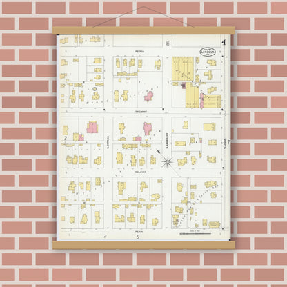 Old map wall art mockup — magnetic wood frame on brick wall — Sanborn Fire Insurance Map from Lincoln, Logan County, Illinois (1902), Sheet #0004