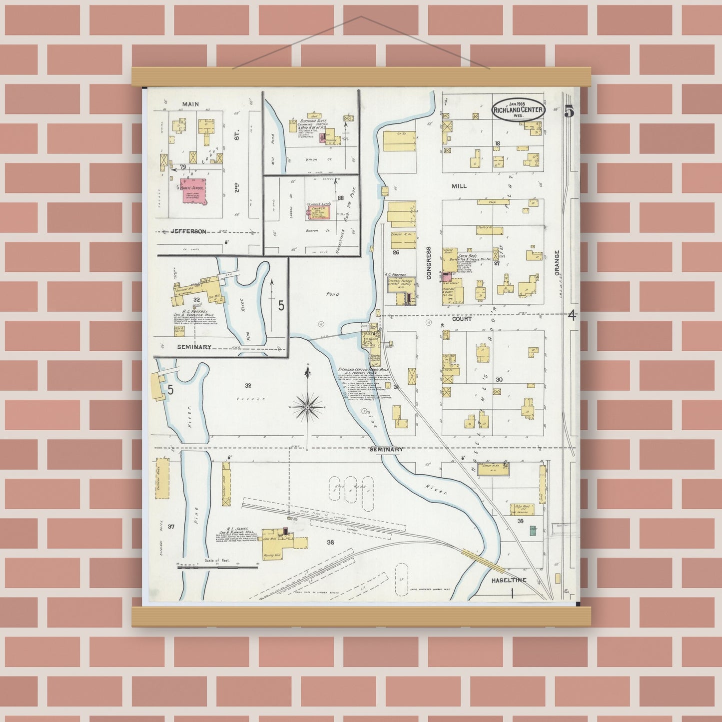 Old map wall art mockup — magnetic wood frame on brick wall — Sanborn Fire Insurance Map from Richland Center, Richland County, Wisconsin (1905), Sheet #0005