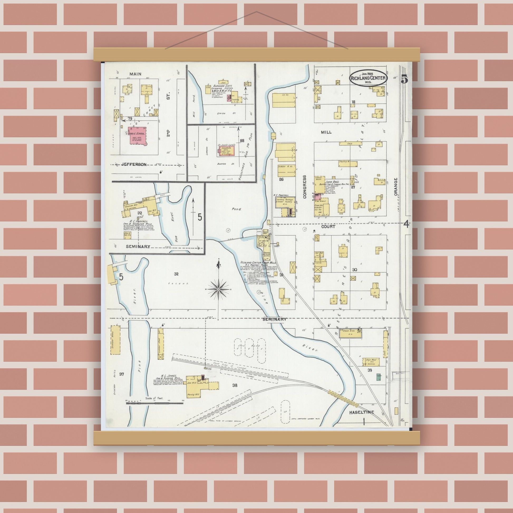 Old map wall art mockup — magnetic wood frame on brick wall — Sanborn Fire Insurance Map from Richland Center, Richland County, Wisconsin (1905), Sheet #0005