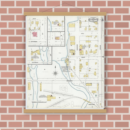 Old map wall art mockup — magnetic wood frame on brick wall — Sanborn Fire Insurance Map from Richland Center, Richland County, Wisconsin (1905), Sheet #0005
