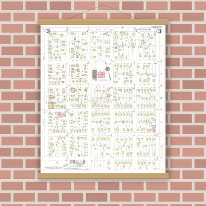 Old map wall art mockup — magnetic wood frame on brick wall — Sanborn Fire Insurance Map from Sheldon, O'Brien County, Iowa (1933), Sheet #0003