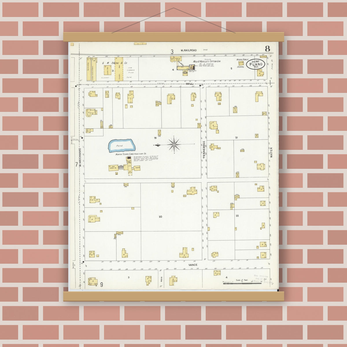 Old map wall art mockup — magnetic wood frame on brick wall — Sanborn Fire Insurance Map from Plano, Collin County, Texas (1907), Sheet #0008