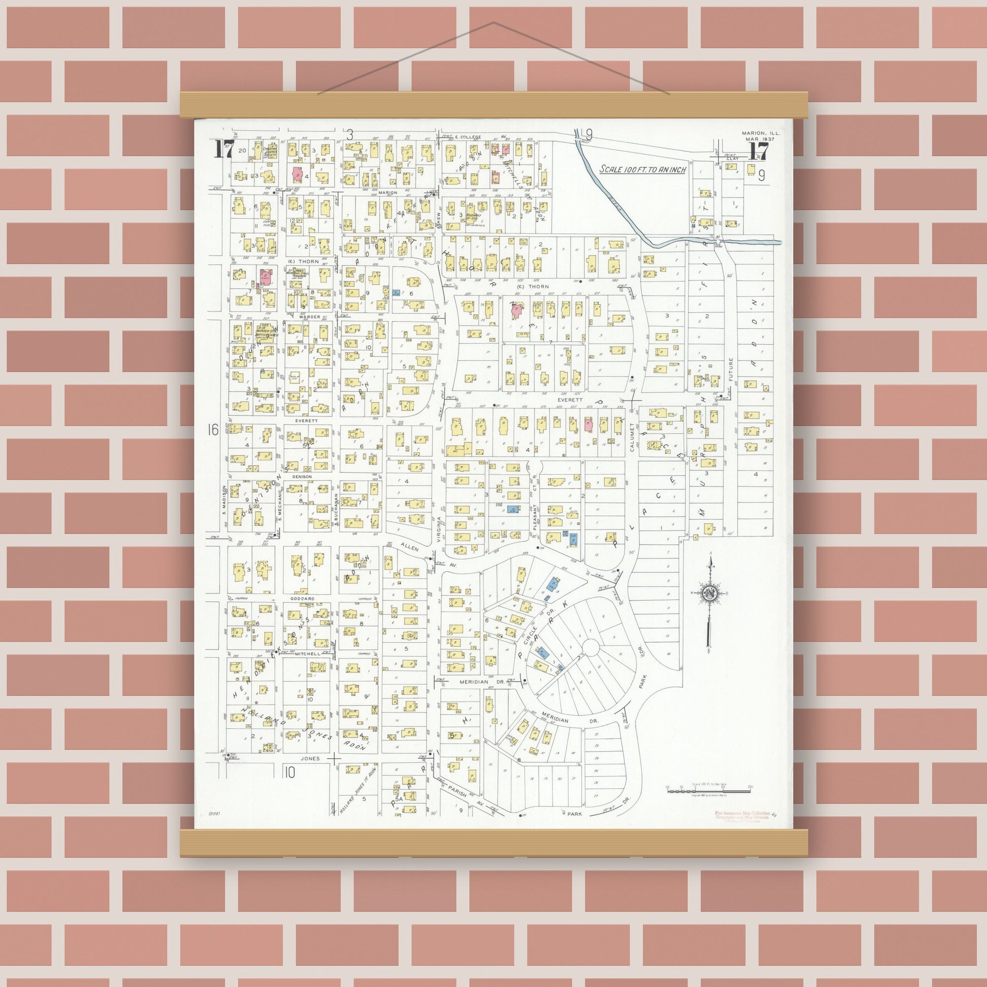 Old map wall art mockup — magnetic wood frame on brick wall — Sanborn Fire Insurance Map from Marion, Williamson County, Illinois (1937), Sheet #0017