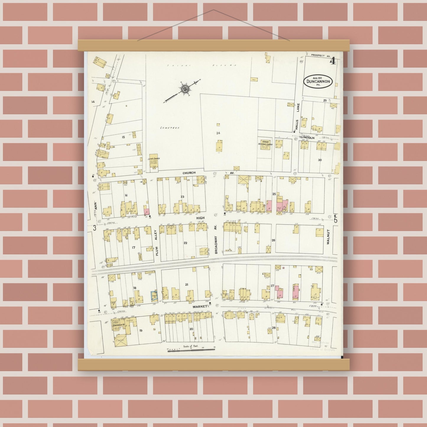 Old map wall art mockup — magnetic wood frame on brick wall — Sanborn Fire Insurance Map from Duncannon, Perry County, Pennsylvania (1911), Sheet #0004