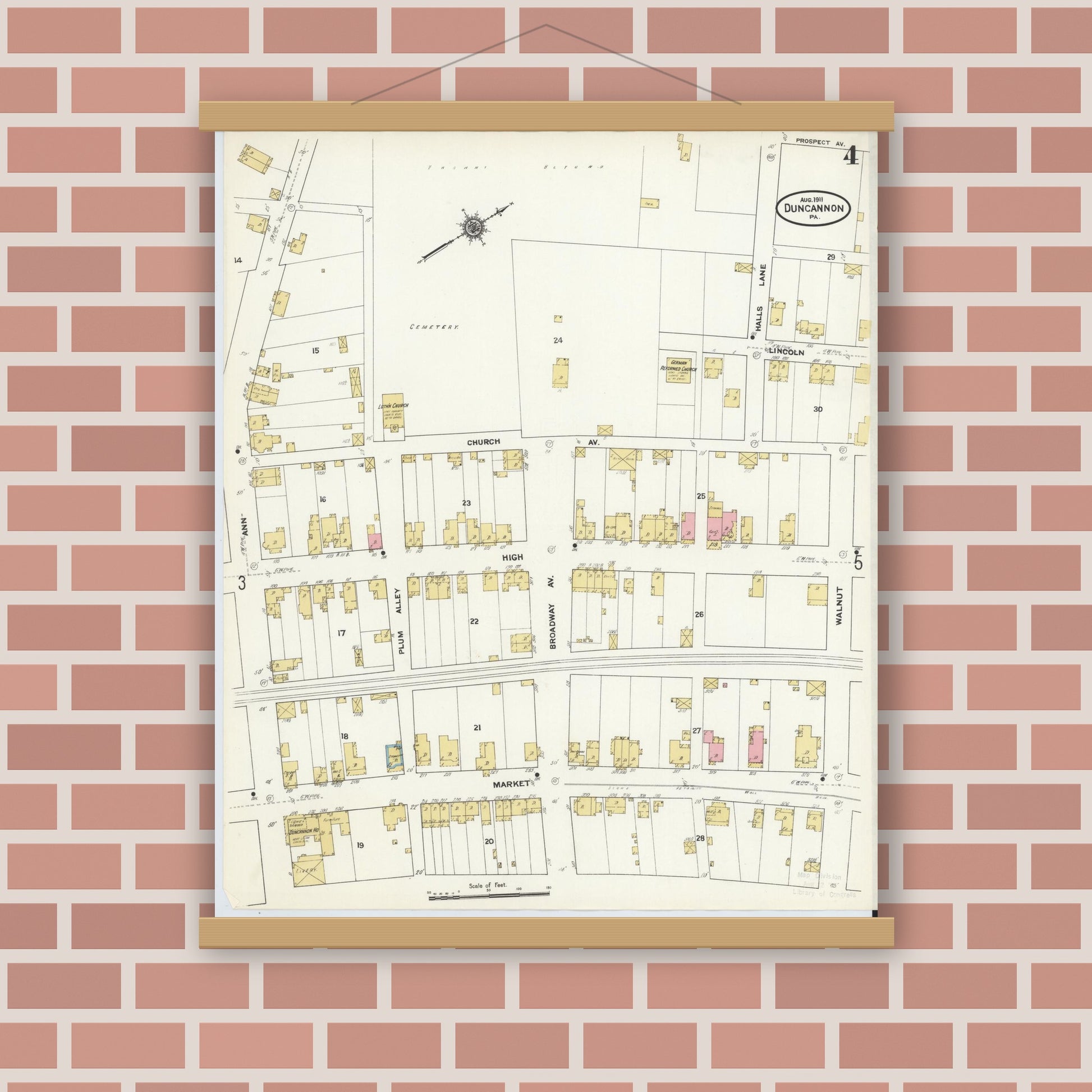 Old map wall art mockup — magnetic wood frame on brick wall — Sanborn Fire Insurance Map from Duncannon, Perry County, Pennsylvania (1911), Sheet #0004
