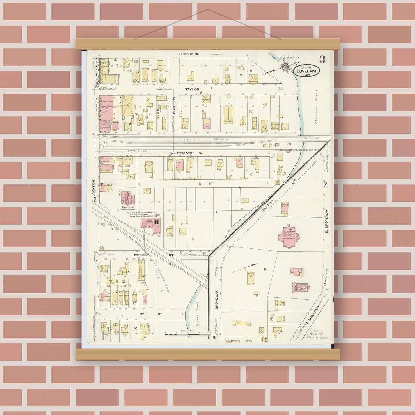 Old map wall art mockup — magnetic wood frame on brick wall — Sanborn Fire Insurance Map from Loveland, Clermont, Hamilton, And Warren County, Ohio (1911), Sheet #0003
