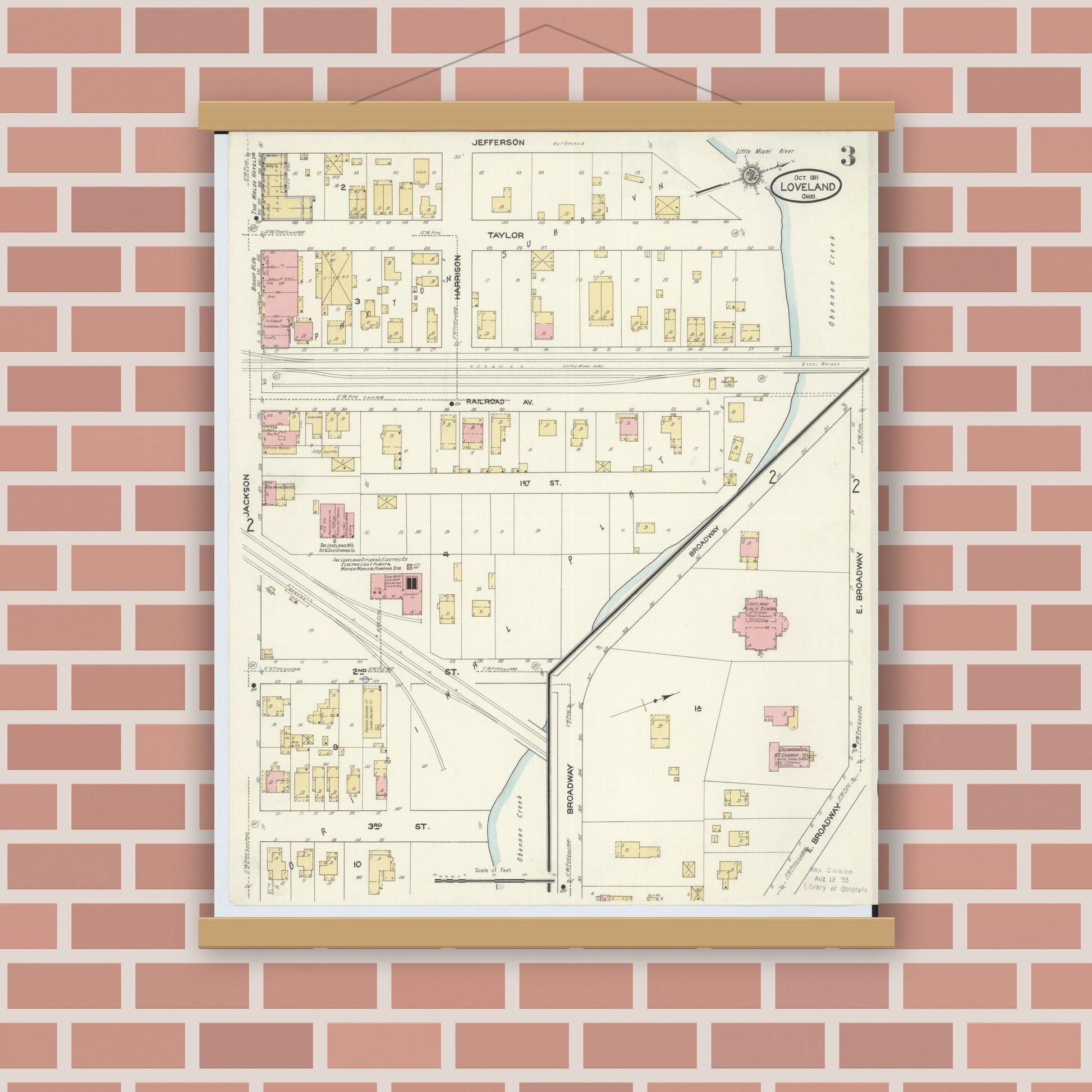 Old map wall art mockup — magnetic wood frame on brick wall — Sanborn Fire Insurance Map from Loveland, Clermont, Hamilton, And Warren County, Ohio (1911), Sheet #0003