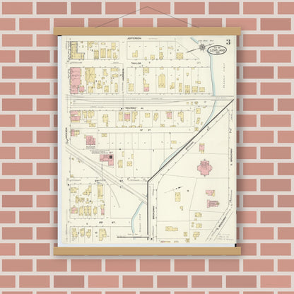 Old map wall art mockup — magnetic wood frame on brick wall — Sanborn Fire Insurance Map from Loveland, Clermont, Hamilton, And Warren County, Ohio (1911), Sheet #0003