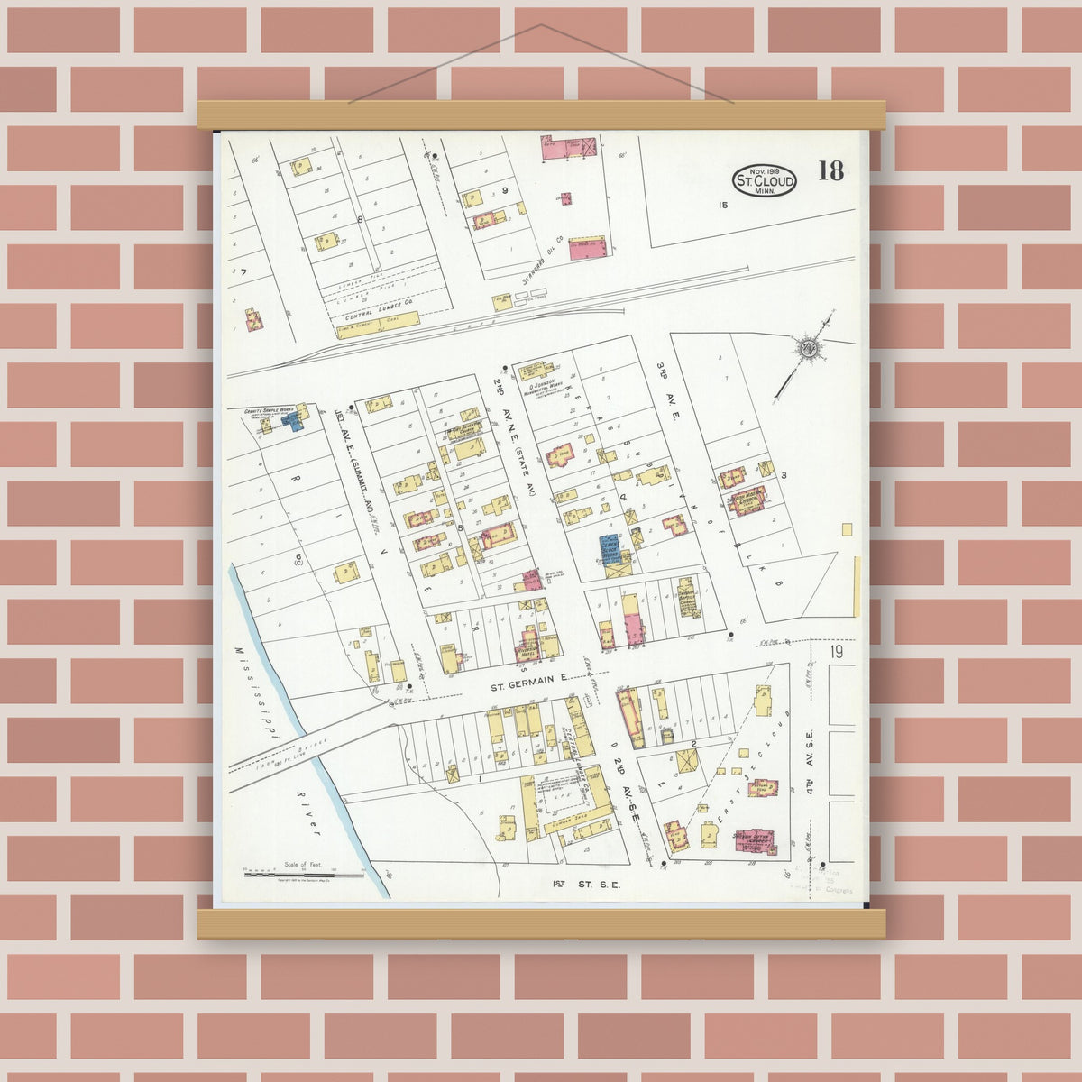 Old map wall art mockup — magnetic wood frame on brick wall — Sanborn Fire Insurance Map from Saint Cloud, Stearns, Benton, and Sherburne Counties, Minnesota (1919), Sheet #0018
