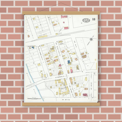 Old map wall art mockup — magnetic wood frame on brick wall — Sanborn Fire Insurance Map from Saint Cloud, Stearns, Benton, and Sherburne Counties, Minnesota (1919), Sheet #0018
