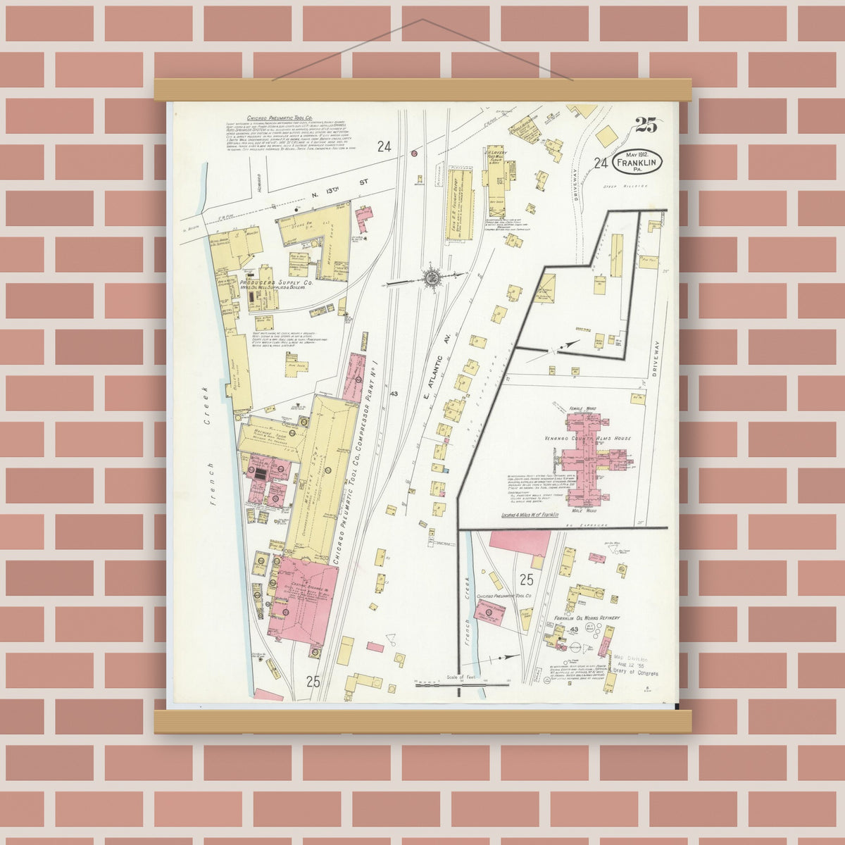Old map wall art mockup — magnetic wood frame on brick wall — Sanborn Fire Insurance Map from Franklin, Venango County, Pennsylvania (1912), Sheet #0025