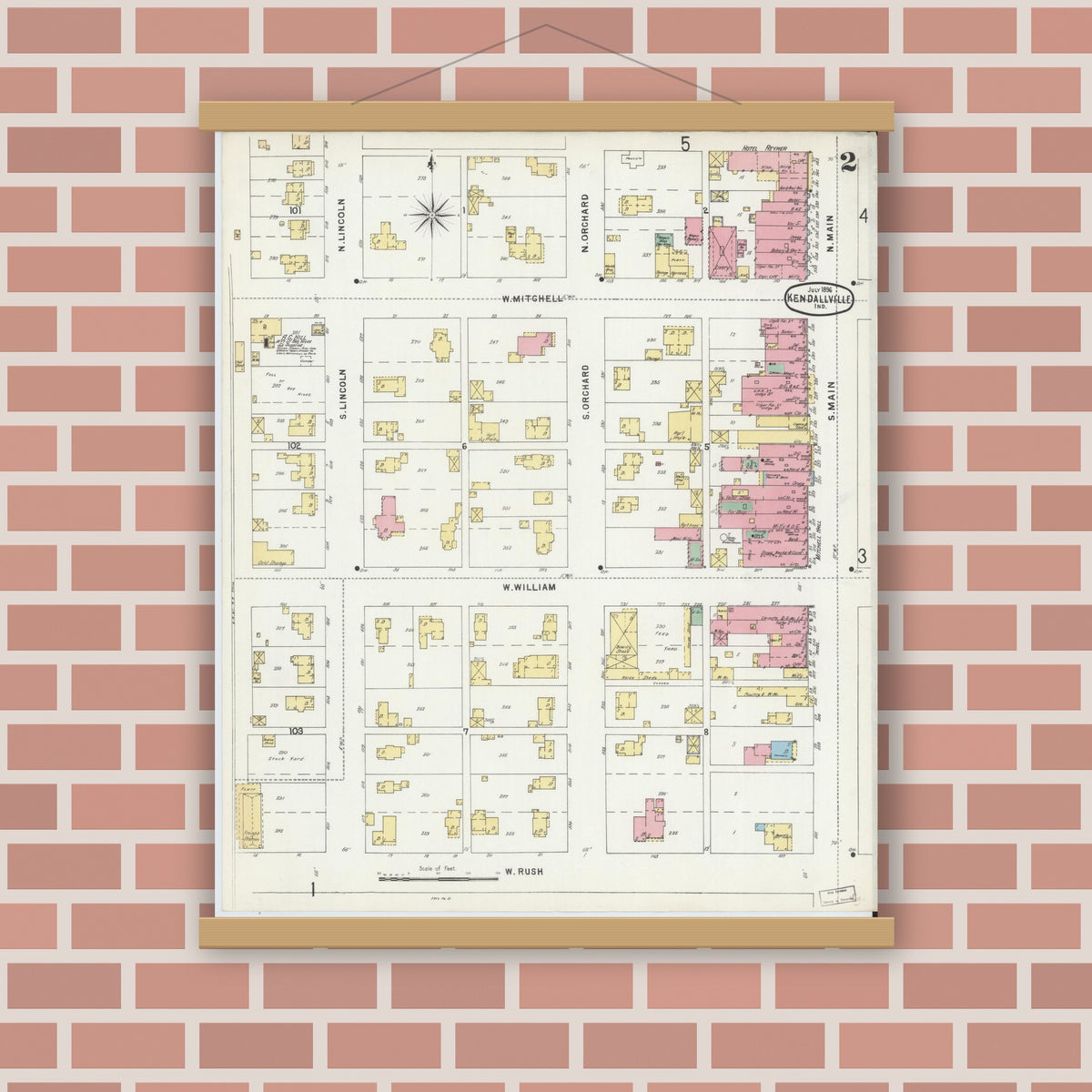 Old map wall art mockup — magnetic wood frame on brick wall — Sanborn Fire Insurance Map from Kendallville, Noble County, Indiana (1896), Sheet #0002