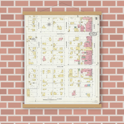 Old map wall art mockup — magnetic wood frame on brick wall — Sanborn Fire Insurance Map from Kendallville, Noble County, Indiana (1896), Sheet #0002