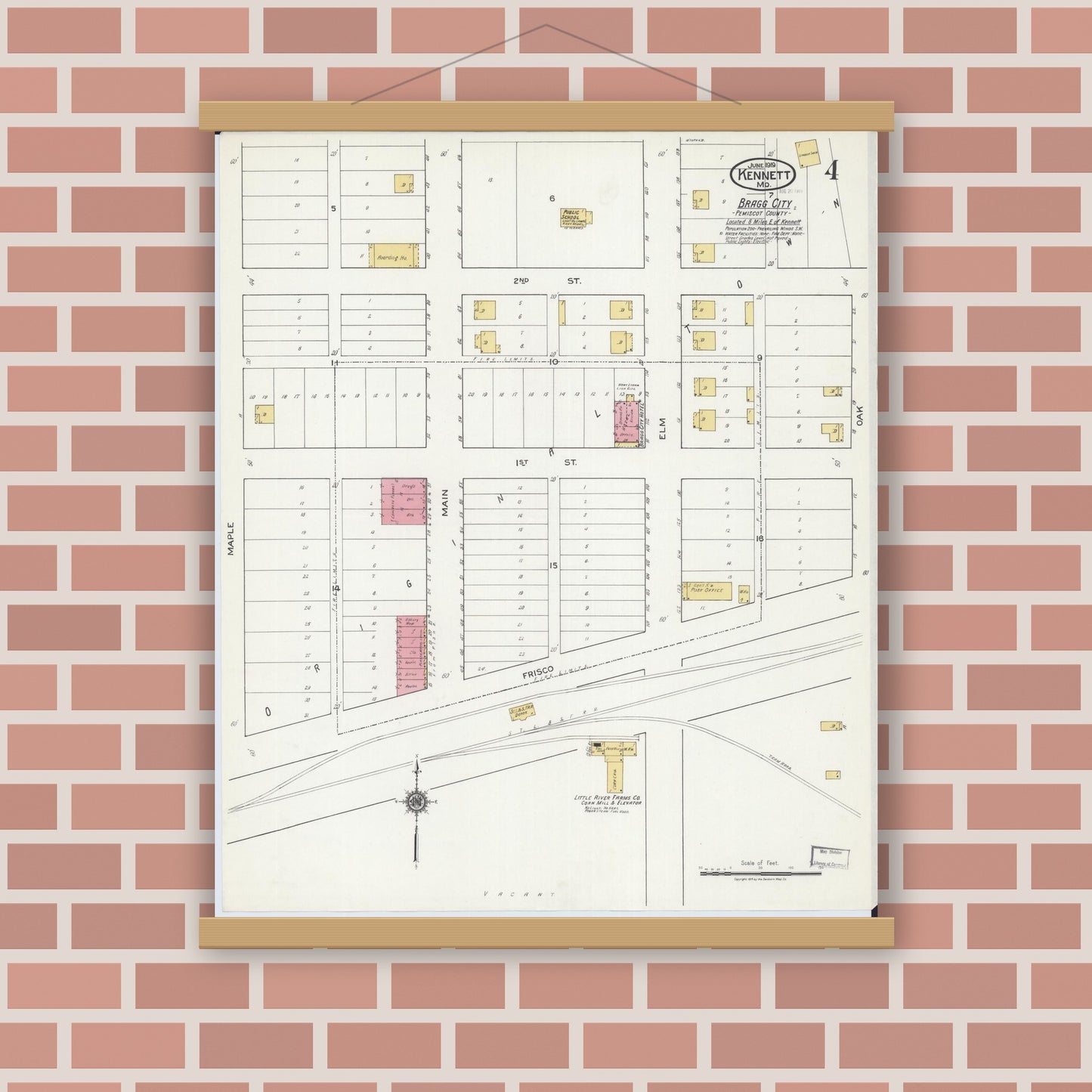 Old map wall art mockup — magnetic wood frame on brick wall — Sanborn Fire Insurance Map from Kennett, Dunklin County, Missouri (1919), Sheet #0004