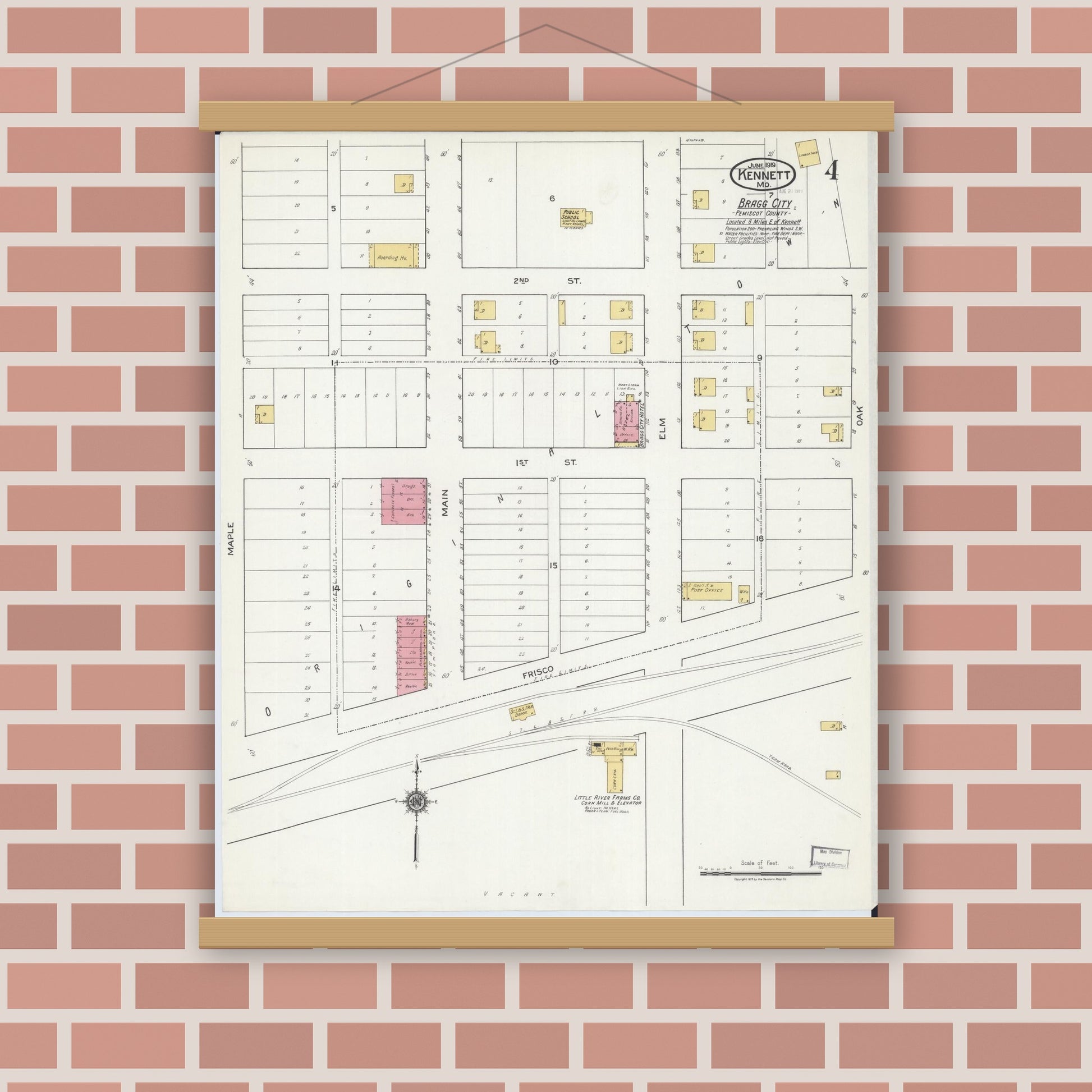 Old map wall art mockup — magnetic wood frame on brick wall — Sanborn Fire Insurance Map from Kennett, Dunklin County, Missouri (1919), Sheet #0004