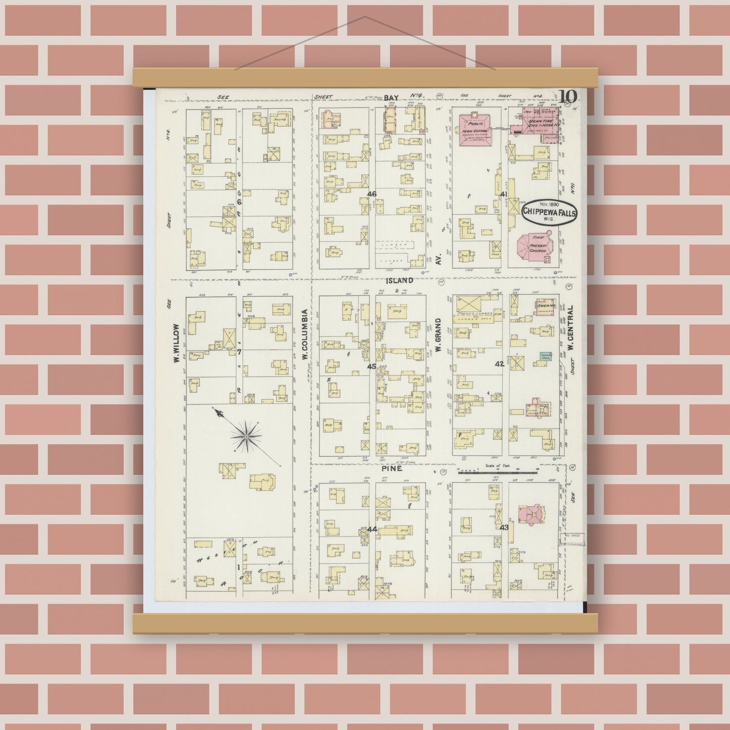 Old map wall art mockup — magnetic wood frame on brick wall — Sanborn Fire Insurance Map from Chippewa Falls, Chippewa County, Wisconsin (1890), Sheet #0010