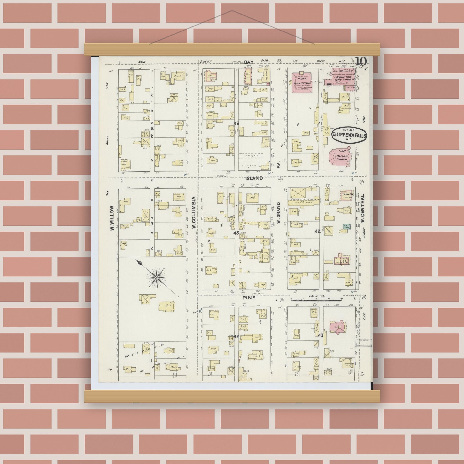 Old map wall art mockup — magnetic wood frame on brick wall — Sanborn Fire Insurance Map from Chippewa Falls, Chippewa County, Wisconsin (1890), Sheet #0010