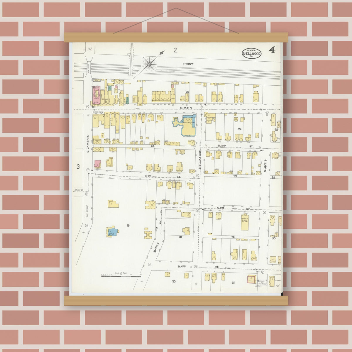 Old map wall art mockup — magnetic wood frame on brick wall — Sanborn Fire Insurance Map from Bellwood, Blair County, Pennsylvania (1904), Sheet #0004