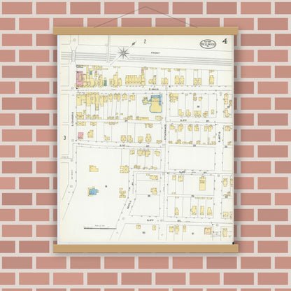 Old map wall art mockup — magnetic wood frame on brick wall — Sanborn Fire Insurance Map from Bellwood, Blair County, Pennsylvania (1904), Sheet #0004