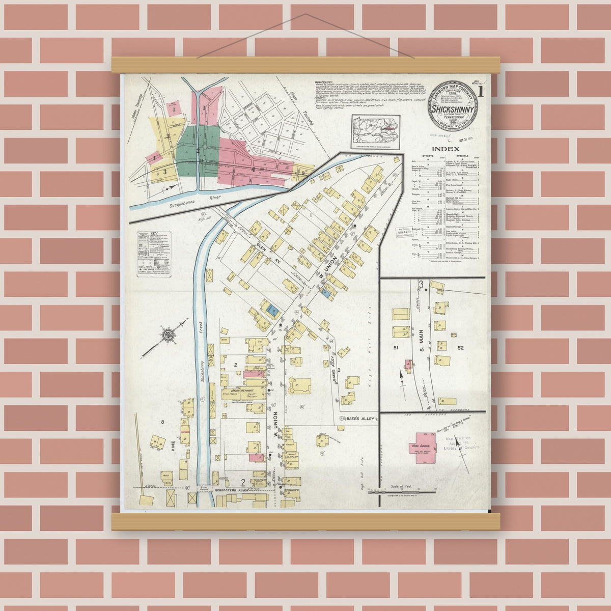 Old map wall art mockup — magnetic wood frame on brick wall — Sanborn Fire Insurance Map from Shickshinny, Luzerne County, Pennsylvania (1919), Sheet #0001