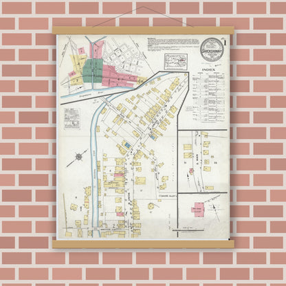 Old map wall art mockup — magnetic wood frame on brick wall — Sanborn Fire Insurance Map from Shickshinny, Luzerne County, Pennsylvania (1919), Sheet #0001